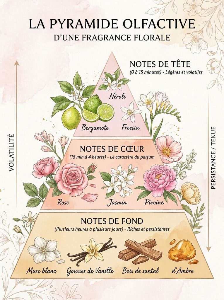 Schéma de pyramide olfactive détaillant les notes de tête, de cœur et de fond d'une fragrance florale.