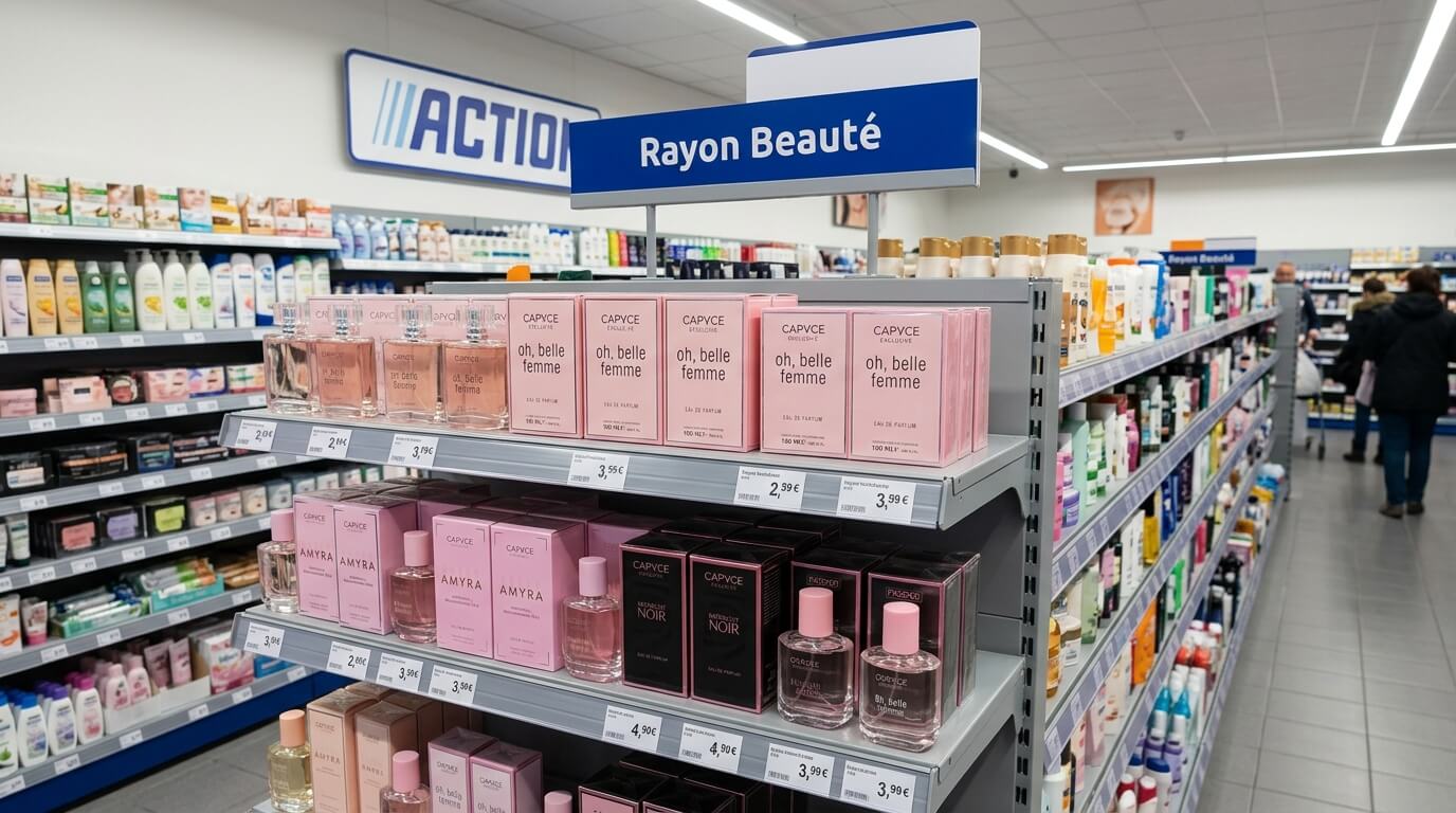 Rayon beauté d'un magasin Action avec les flacons de parfum Capace et Figenzi.