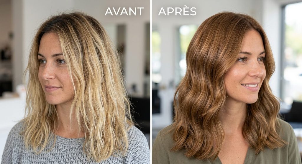Foncer des mèches trop claires : les solutions qui marchent vraiment 3 Résultat avant-après d'un balayage blond atténué vers un châtain clair doré plus naturel.