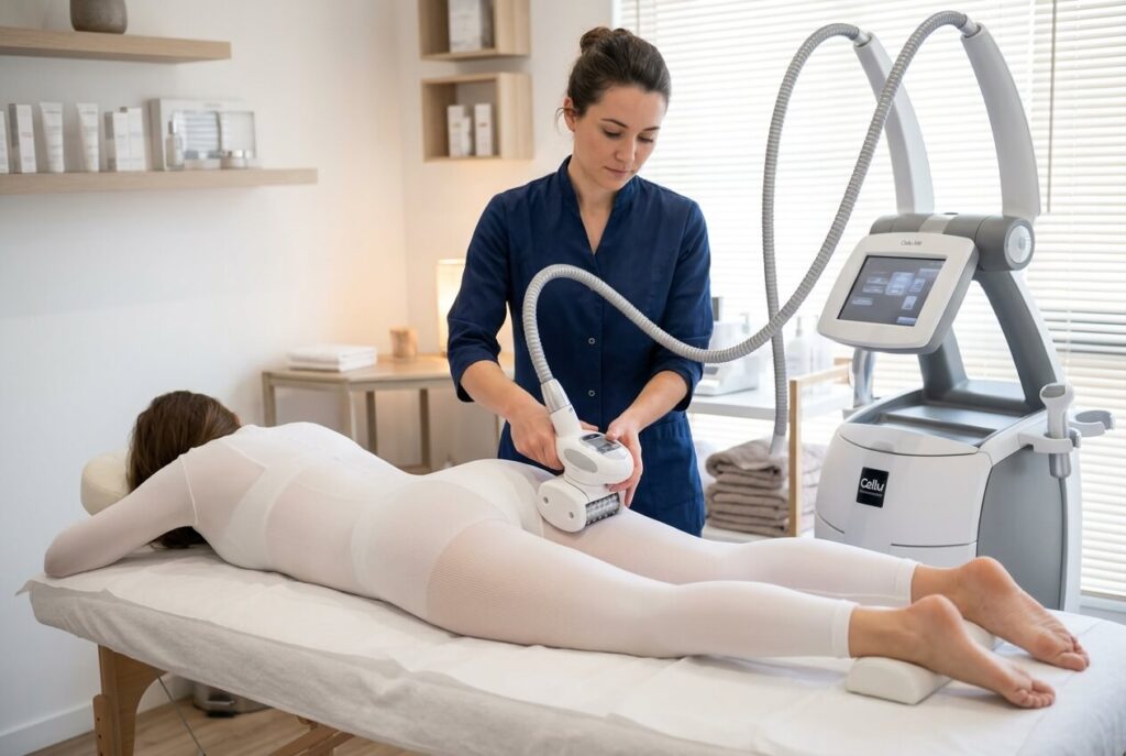 Cellu M6 : avis sincère sur l'efficacité contre la cellulite et résultats réels 2 Praticienne manipulant la tête de traitement du Cellu M6 sur une patiente portant la combinaison blanche.