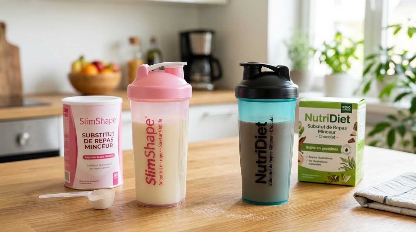 Deux shakers de substituts de repas minceur de marques différentes posés sur une table de cuisine.