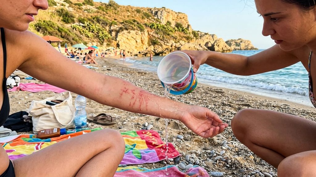 Rinçage d'une brûlure de tentacule de méduse avec de l'eau de mer tiède sur une plage sicilienne.