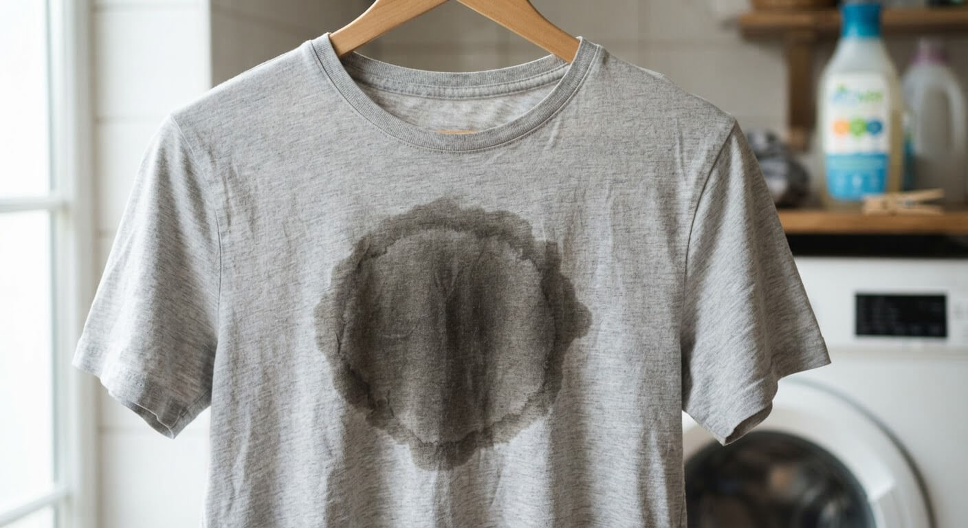 Auréole de graisse foncée persistante sur un t-shirt en coton après séchage en machine.