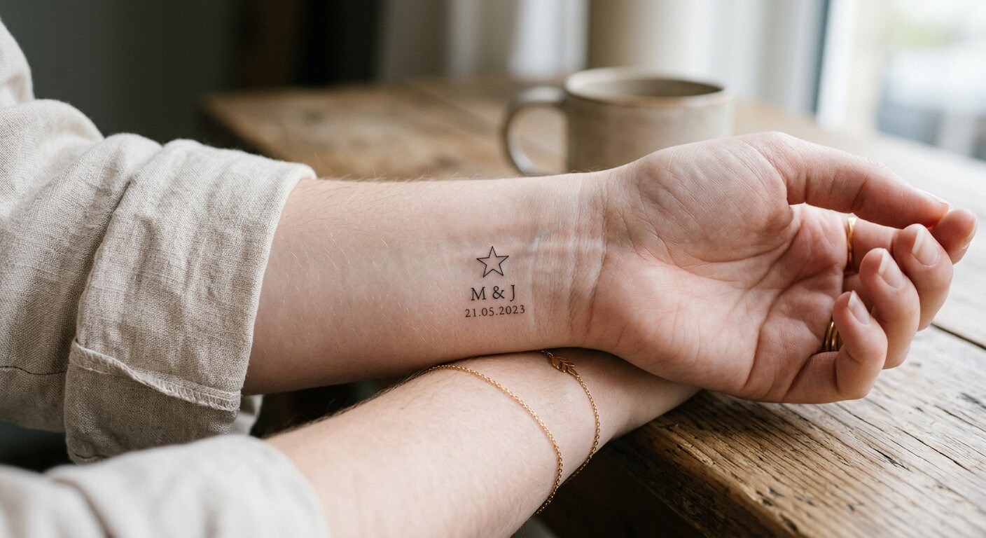 Tatouage fin d'une étoile avec des initiales et une date discrète sur la face interne du poignet.