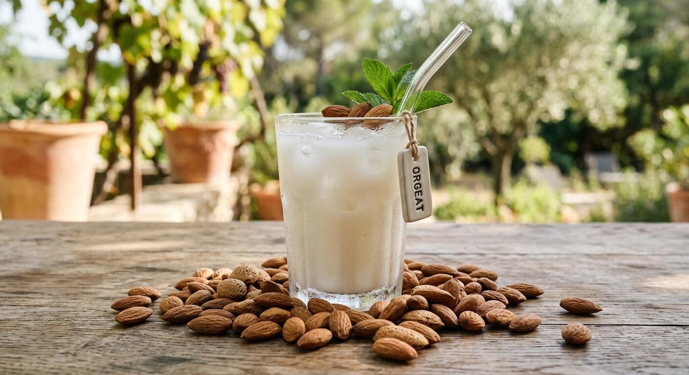 Verre d'eau fraîche blanche et laiteuse parfumée au sirop d'orgeat entouré d'amandes douces.